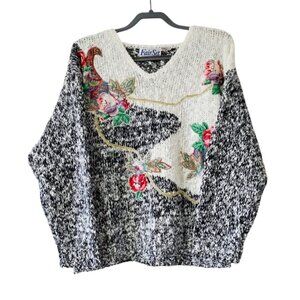Vintage FairSet Boucle Boho Granny Floral Pearl Applique Sweater L